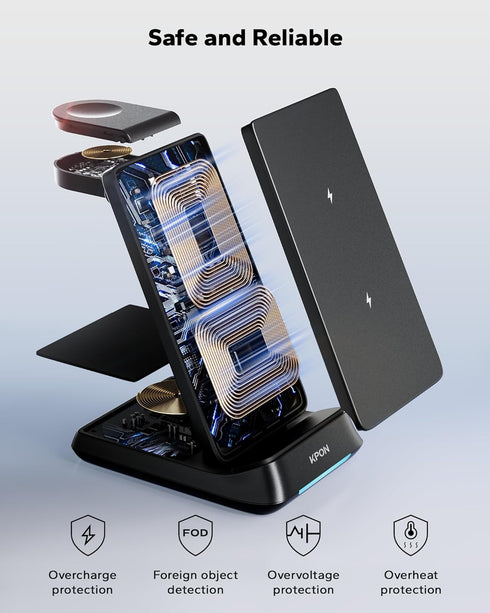 KPON 3 1 S26/S25/S25 Ultra/S24/Z in Charging Station for Samsung, Wireless Charger for Thick Cases, Foldable Phone