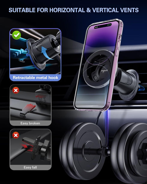 Magnetic Phone Holder for Car, for Magsafe Car Mount with Stable Air Vent Hook Clip, Strong Magnet for iPhone