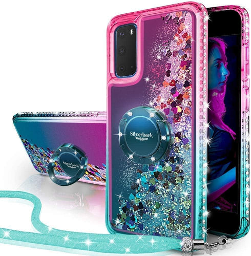 Silverback Moving Liquid Holographic Glitter Case for Galaxy S20, Girls Women Bling Ring Stand Slim Case - Green