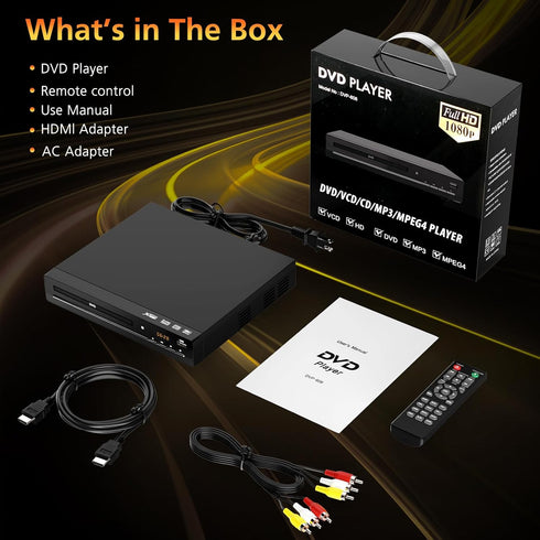 Wxjwyt 1080p Region Free DVD Player with HDMI Upscaling, Compact Multi-Format CD/DVD/USB Player for Smart TV, Plays All
