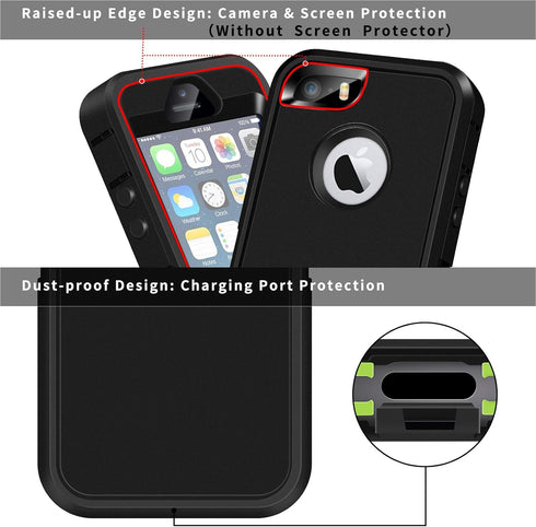 ACAGET Heavy Duty Case for iPhone SE 2016, Black, Shock-Absorbing Dual Layer Rubber TPU + PC Cover, Non-Slip