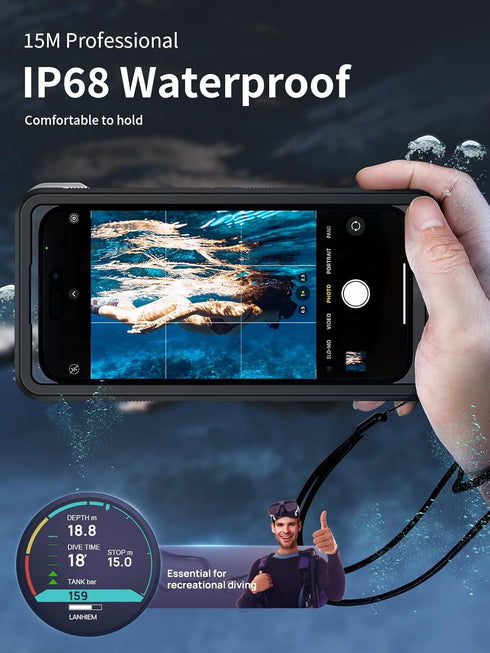 Lanhiem Snorkeling Underwater Phone Case, IP68 Professional Universal Waterproof Outdoor Video Photo Case with Lanyard,