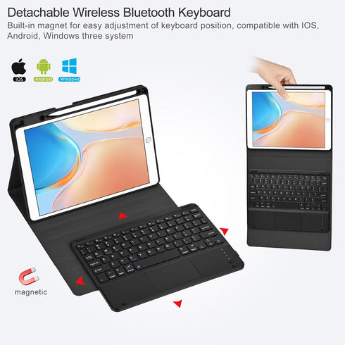 Keyboard Case for iPad 10.2" 7th/8th/9th Gen, Detachable Touchpad BT Keyboard with Magnetic Protective Cover, Black