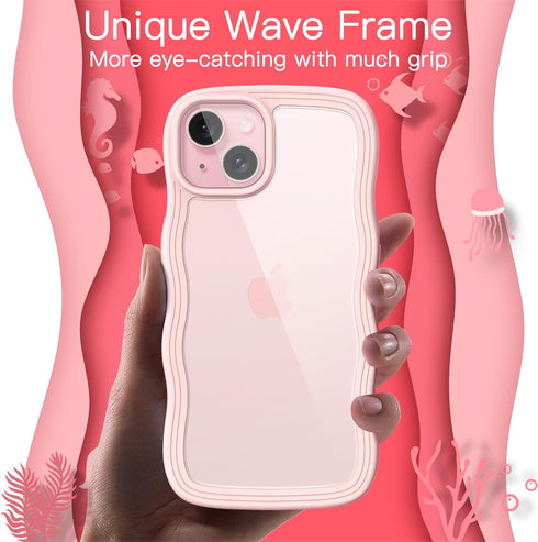 JETech iPhone 15 Case 6.1-Inch, Pink Wave Frame Shockproof Cover for Women & Girls, Clear Hard PC Back.