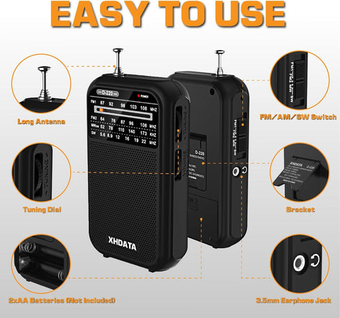 D220 Portable Radio AM FM SW, Battery Operated Radio with Headphone Jack, Excellent Reception Pocket Radio