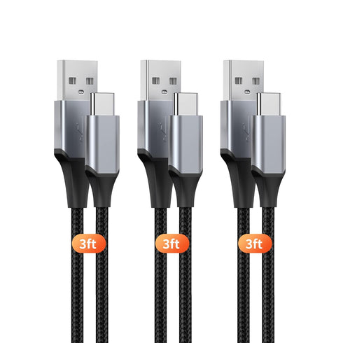 3-Pack USB-C Cable 3ft, 3A Fast Charging, Nylon Braided, Compatible with iPhone 15 Series, Galaxy S20/S10/S9, PS5