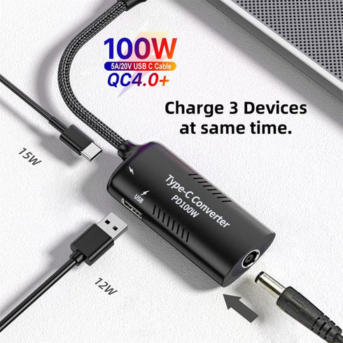 Cablecc 100W PD Emulator Trigger Charge Cable: 5.5x2.5mm & 5.5x2.1mm DC Power Input to Dual Type-C & Type-A Output.