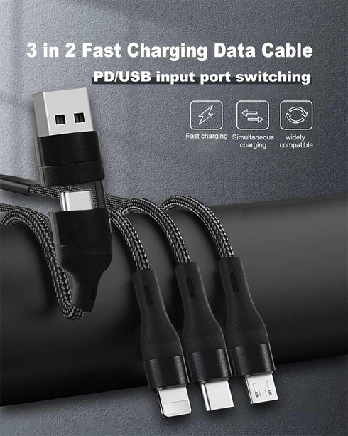 100W Multi 3 in 2 Fast Charging Cable 10FT, Black Long Nylon Braided, USB A/C to USB-C Lightning Micro Connectors for