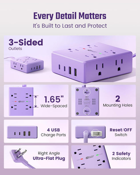 SUPERDANNY 10Ft, 8 4 (2 Purple Extension Cord Flat Plug Surge Protector Power Strip Kawaii, Outlets & USB Ports USB C)