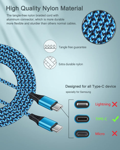 USB C to C Charging Cable for iPhone 15/15 Pro/15 Pro Max, 2Pack/6FT Long Nylon Android Phone Type C Fast Charge