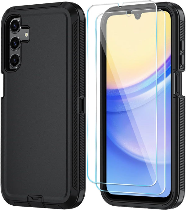 Qinmay Samsung Galaxy A15 5G Case - with HD Screen Protector, Durable Shockproof 3-Layer Cover - Black