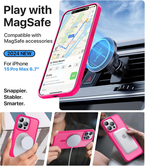 Strong Magnetic iPhone 15 Pro Max Case, Compatible with MagSafe, Military-Grade Drop Tested, Shockproof Cover, Hotpink