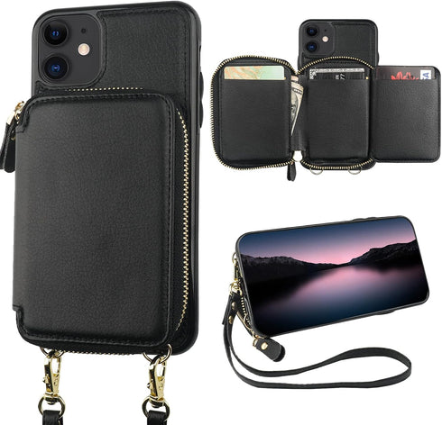 Bocasal RFID Blocking Wallet Case for iPhone 11 - Black, Adjustable Crossbody Zipper Purse Case with Detachable Wrist