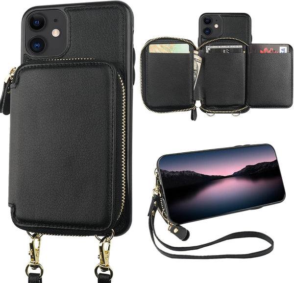 Bocasal RFID Blocking Wallet Case for iPhone 11 - Black, Adjustable Crossbody Zipper Purse Case with Detachable Wrist