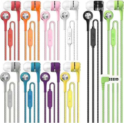 Maeline Bulk 10 Pack Earbuds with Microphone, Multi Color, Noise Isolating Stereo Headphones, Tangle Free Cord,