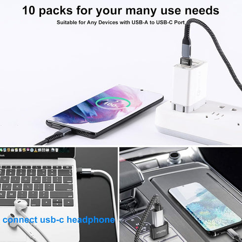 USB to USB C Adapter 10 Pack, USB A to USB C Converter for iPhone 15/14/13 Pro, iPad Air, AirPods, Black+Grey