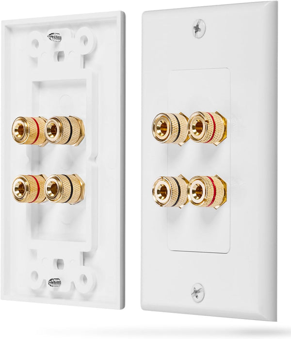Fosmon Home Theater Wall Plate - Premium Gold Plated Copper Banana Binding Post Coupler Type (White) (Two Speaker)