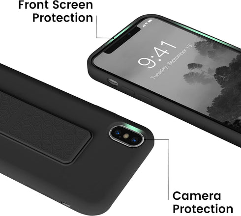 LAUDTEC Silicone Kickstand Case for iPhone X/XS - Flexible Soft Liquid Silicone Cover with Hand Strap and Metal Stand