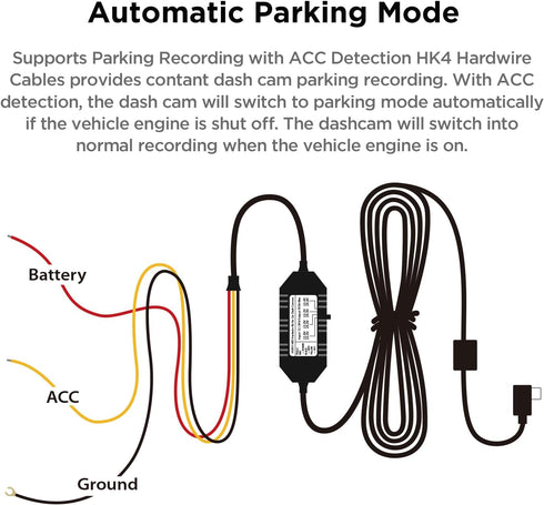 VIOFO HK4 Acc Hardwire Cable, USB-C for A329/A229/A119Mini2/A139Pro/WM1/T130 Dash Cam, Low Voltage Protection