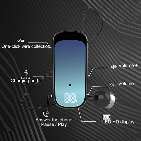 Clip On Bluetooth Earphones, Retractable Headphones, Collar Clip Headsets with LED Battery Display, v5.2
