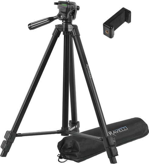 Ravelli APLT3 53" Light Weight Aluminum Tripod with Bag Includes Universal Smartphone Mount