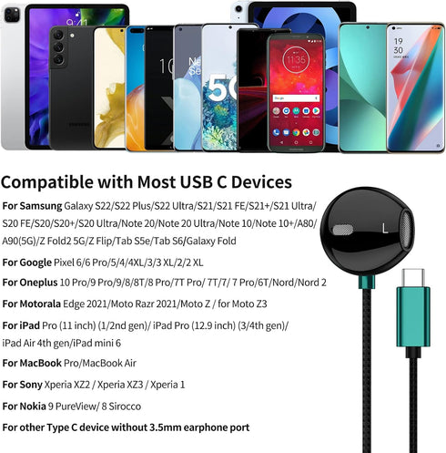 USB C Earbuds for Samsung Galaxy S24 S23 Plus S22 Ultra - HiFi Stereo Wired USB C Headphones with Mic