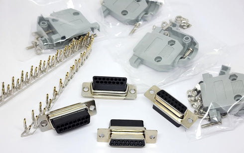 4 Sets Crimp Type DB15 Female + Plastic Hoods + Pins Set, D-Sub 15P Female Crimp Connector, Pin & Hood Kit