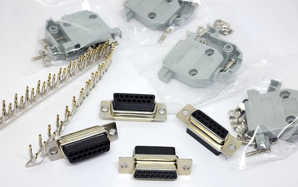 4 Sets Crimp Type DB15 Female + Plastic Hoods + Pins Set, D-Sub 15P Female Crimp Connector, Pin & Hood Kit