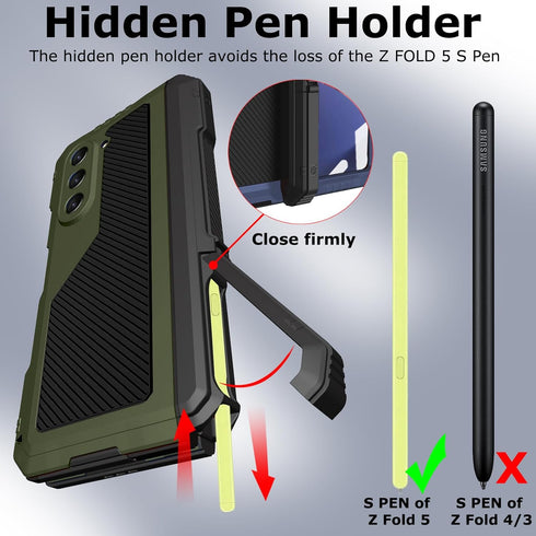 Rugged Heavy Duty Metal Case for Samsung Galaxy Z Fold 5 with Slim S Pen Holder, Full-Body Protection, Green