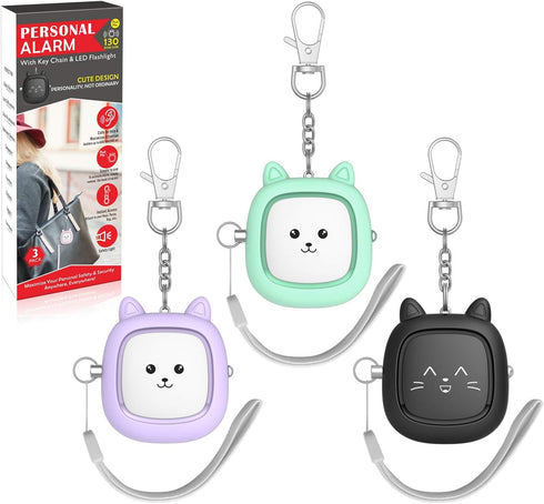 Safe Sound Personal Alarm 3 Pack, 130 dB Loud Siren Keychain with LED Light (Black/Purple/Green)