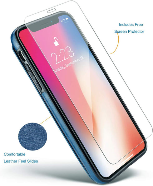 Slim Protective Wallet Case for iPhone X/XS - Premium PU Leather Card Holder with Screen Protective Glass