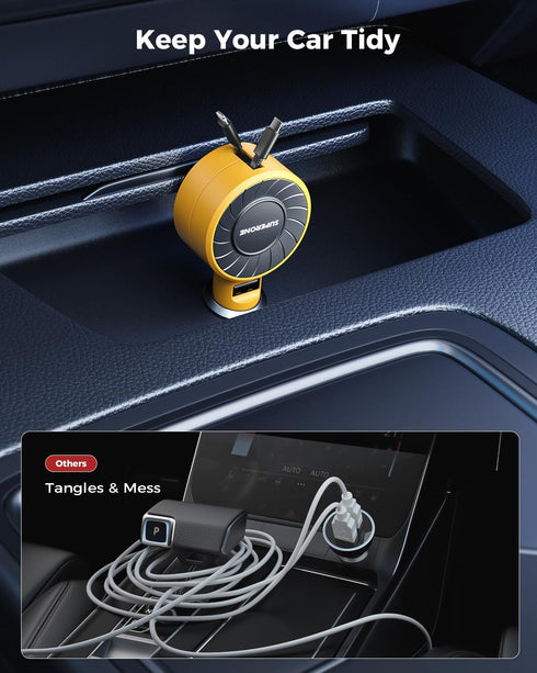 SUPERONE 3-in-1 Car Charger with Retractable Cords, USB C Charger Adapter for iPhone 15/14/13/12/11 Pro Max, Samsung