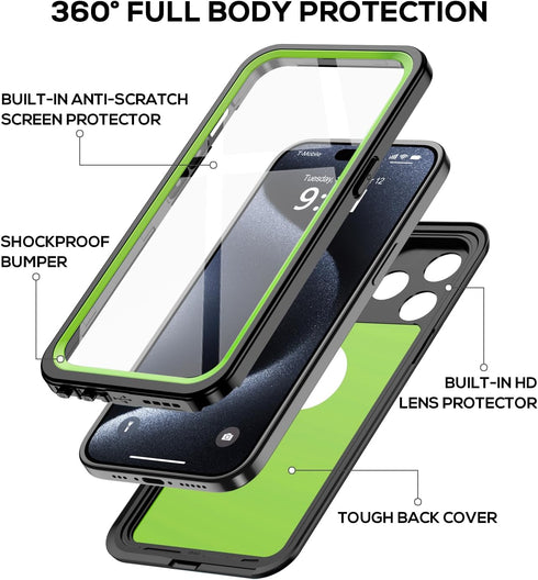 iPhone 15 Pro Max Case Waterproof 6.1'', Full Protective Dustproof Shockproof with Screen Protector