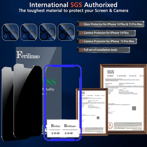 Ferilinso Privacy Screen Protector for iPhone 14 Plus & 13 Pro Max - 2 Pack, 9H Anti-Spy Tempered Glass & Camera Lens