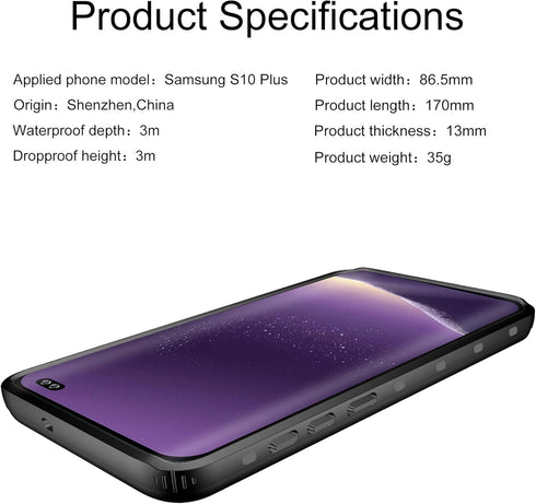 Waterproof Case for Galaxy S10+ Plus, Built-in Screen Protector, Full Body Shockproof Rugged Case, Black