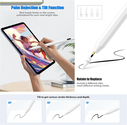 TiMOVO Stylus Pen for iPad, Apple Pencil USB C Fast Charge, Palm Rejection for 2018-2024 iPad Models