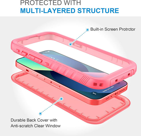 SPORTLINK iPhone 13 Waterproof Case - Rugged, Full Body Shockproof & Dustproof, 6.1" Screen Protector, Pink.