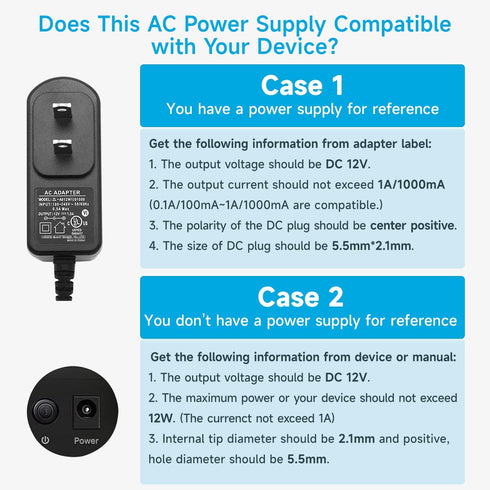 2Pack 12V 1A/1000mA 10ft Long Power Supply Adapter, 12W AC to DC Adapter Cord for LED Strip Lights, Keyboard, Router,