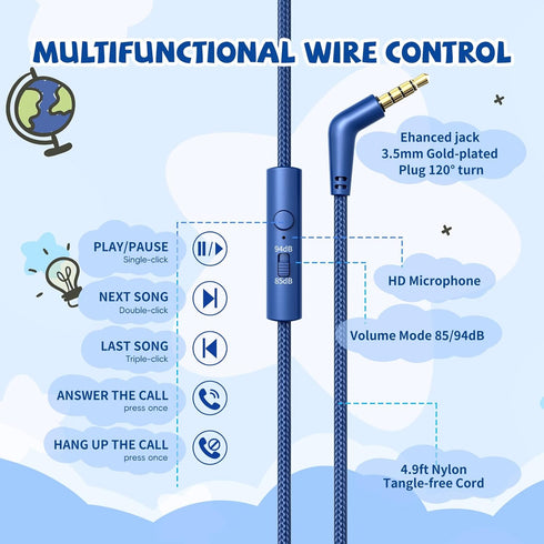 85/94dB 3.5mm Kids Headphones Wired for School, Volume Limit, Wired Over Ear Headphones for Kids Boys Girls