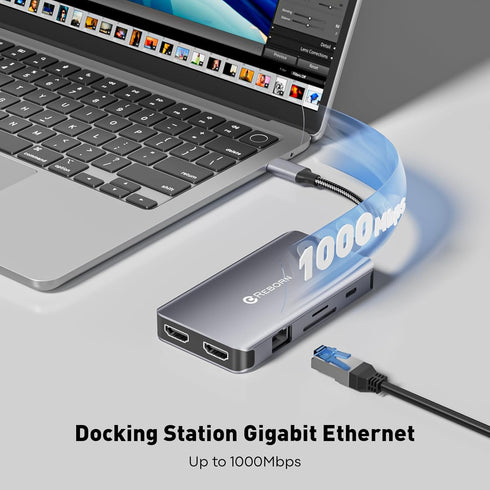 Reborn 9-in-1 4K 2HDMI 1Gbps 5Gbps 3.0, 100W Laptop Docking Station Dual Monitor, USB C Hub Dual Monitor with Ports