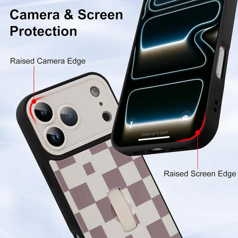 LEOMAKRON 17 for iPhone Pro Max Case with Finger Strap Kickstand,Compatible with MagSafe,Cute Checkered Checkerboard