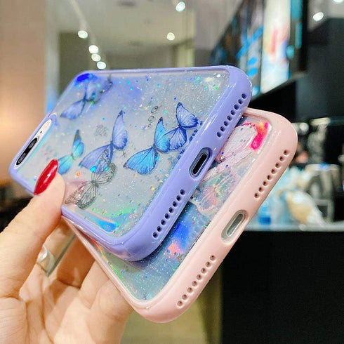LCHULLE Girly Case for iPhone SE 2022/3rd/SE 2020/2nd, Iridescent Butterfly Design, Soft TPU Bumper