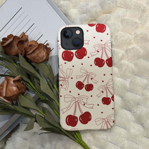 iPhone 14 Plus Case, HH2 Red Cherry Bows Hybrid 2 Layer Hard Shell Silicone Protective Pattern Design