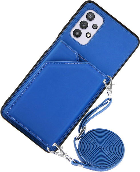 Galaxy A32 5G Wallet Case, Flip Case with Credit Card Holder Lanyard Strap for Women & Men, PU Leather Blue