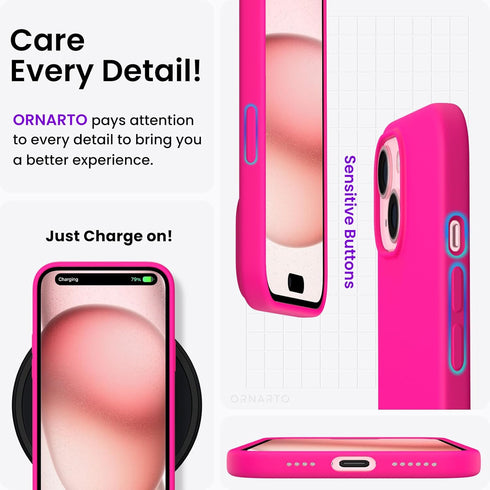 ORNARTO iPhone 15 Plus Case 6.7" - Slim Hot Pink Liquid Silicone, 3 Layers, Soft Gel Rubber, Anti-Scratch Microfiber