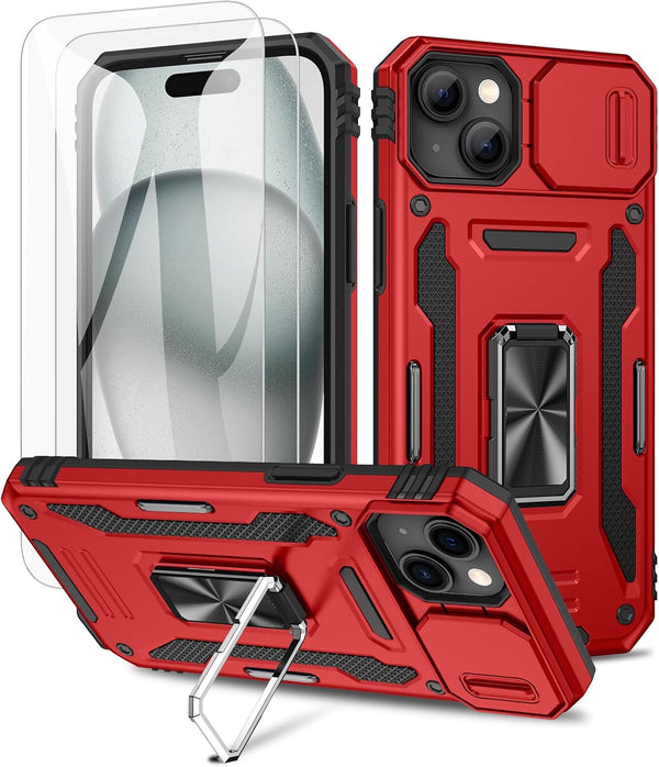 Maxdara iPhone 15 Case with Slide Camera Cover, Screen Protector & 360° Rotate Ring Stand, Red, 6.1 inch.
