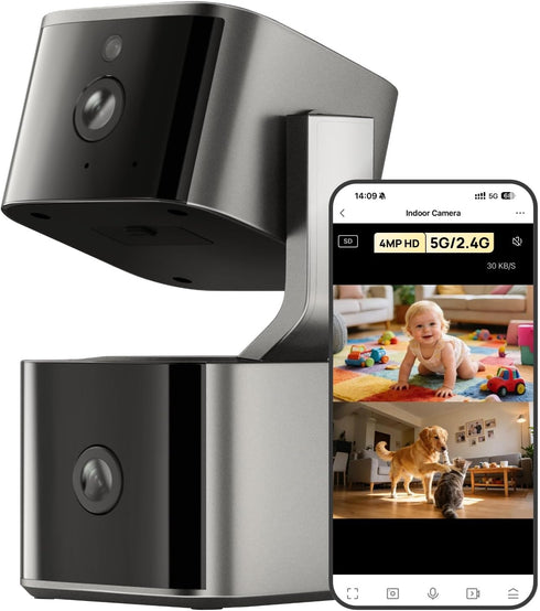 Aurumbach Dual Lens Security Indoor Camera 5G/2.4G WiFi, 2K+2K Pet Smart Camera with