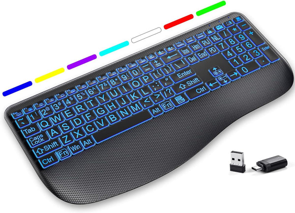 Hamile Large Print Wireless Backlit Keyboard Rechargeable Quiet Low-Profile Keys, 7-Color Light up
