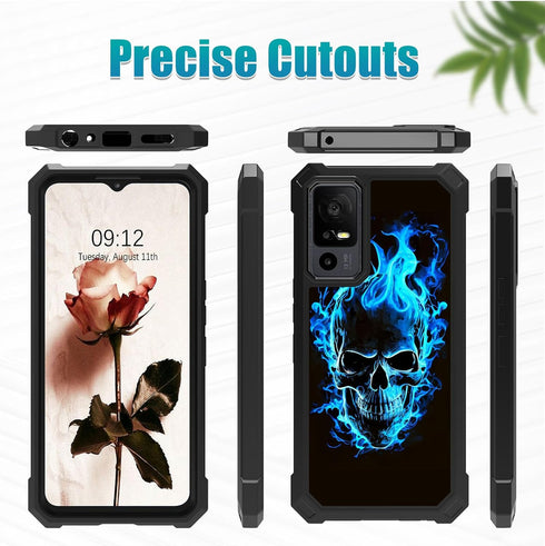 TCL 40 XL Case with Glass Screen Protector, Heavy Duty Hard PC, Blue Skull