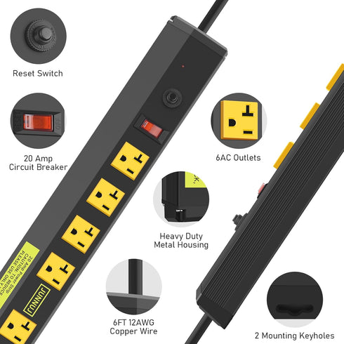 JUNNUJ Heavy Duty Metal Power Strip 20 Amp, 6 Outlet Surge Protector with Circuit Breaker